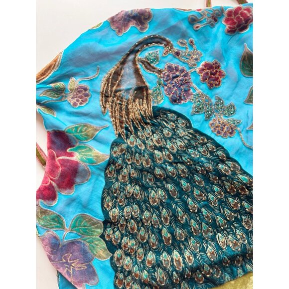 HALE BOB Blue Silk Burnout Velvet Beaded Peacock Cowl Neck Tank Top, Size M - Picture 6 of 13